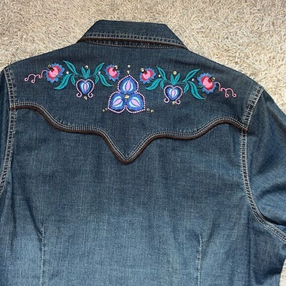 Awesome Vintage Lawman Western Shirt Women's Large Denim Embroidered Snap Button - Picture 7 of 13